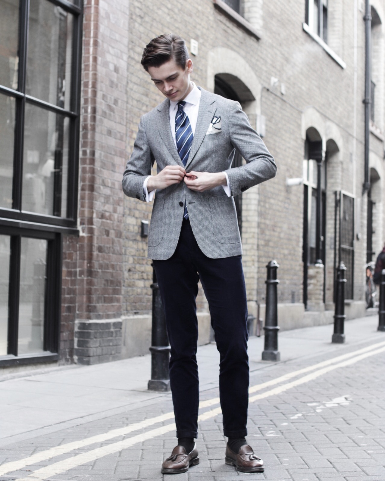 classic gentleman hair cut ruffians barber london dapper stylish suit tie loafers fashion